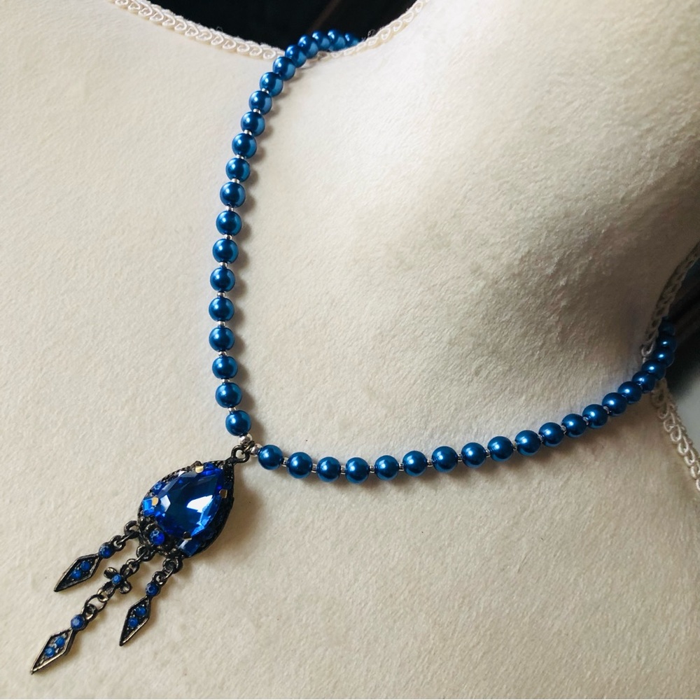 Handcrafted repurpose royal blue stone pendant Czech glass Pearl necklace